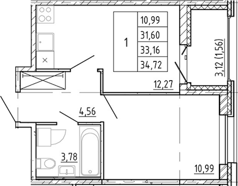 2-комнатная квартира 31.6 м², 12/12 эт., ЖК «Полис Новоселье»